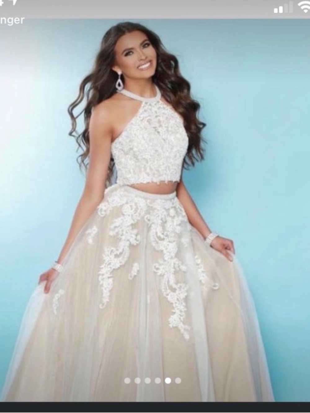 Two-Piece Lace Appliqué Halter Prom Dress in Ivory and Nude